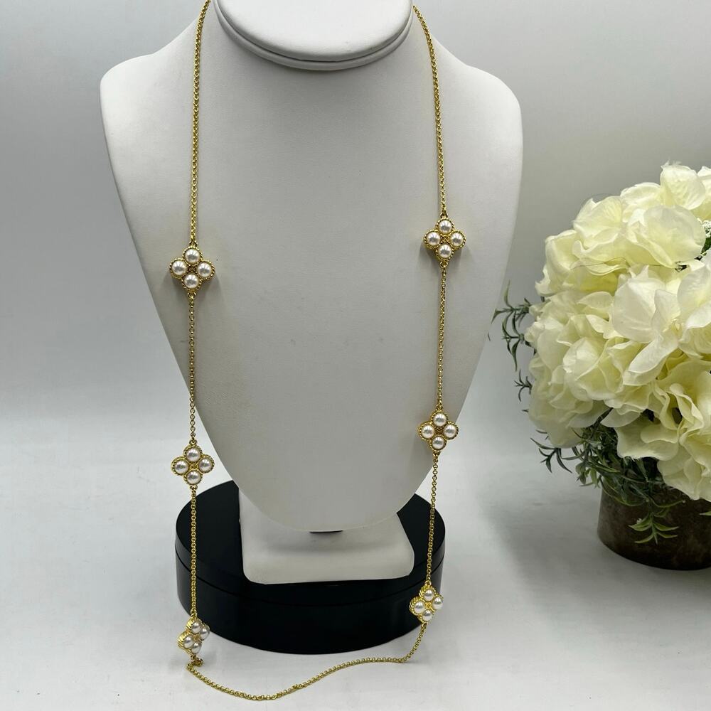 TORY BURCH Designer Gold Plated Faux White Glass Pearl Station Necklace 34"